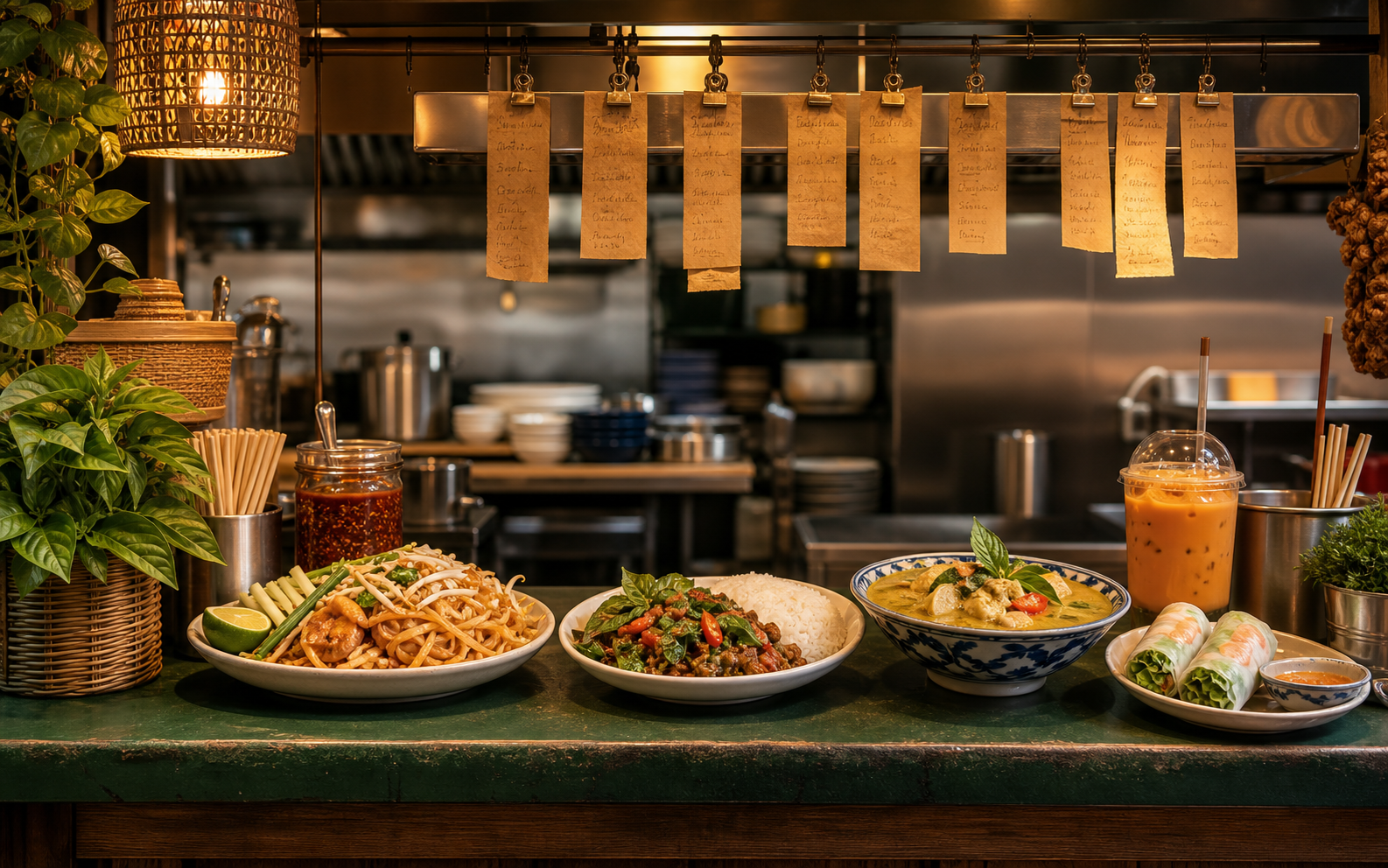 Thai dishes, tea, and market-counter ingredients